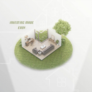 Conceptual image of a house within a circular green landscape with digital elements.