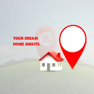 Red map marker pointing to a house on a green hill with the text 'Your Dream Home Awaits'