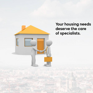 Illustration of two people shaking hands in front of a house, representing housing specialists providing care.