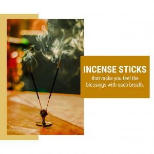 Close-up of burning incense sticks with text overlay 'Incense Sticks that make you feel the blessings with each breath.'