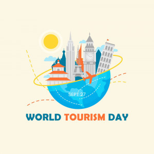 Illustration depicting famous landmarks around the world with a globe and airplane, celebrating World Tourism Day.