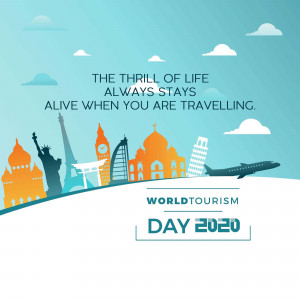 Illustration of famous landmarks with the text 'The thrill of life always stays alive when you are travelling' and 'World Tourism Day 2020'