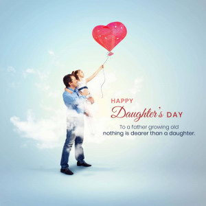 Father holding daughter reaching for heart-shaped balloons, Happy Daughter's Day greeting