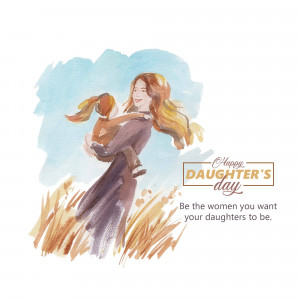 Watercolor painting of a mother carrying her daughter with 'Happy Daughter's Day' text.