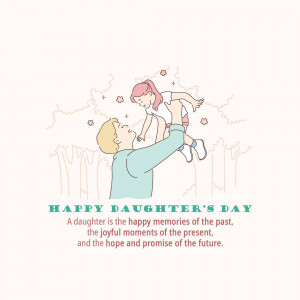 Illustration of a father lifting his daughter in the air with flowers and text 'Happy Daughter's Day'