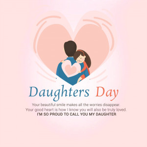 Illustration of a father hugging his daughter with a heart-shaped background and text 'Daughters Day'