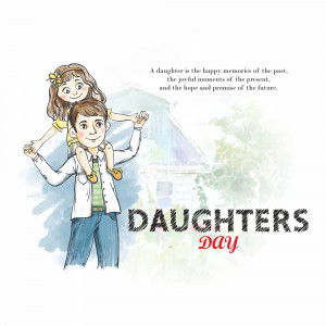 Watercolor illustration of a father carrying his daughter on his shoulders with 'Daughters Day' text.