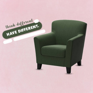 Dark green armchair with the text 'think different. HAVE DIFFERENT.' on a pink background.
