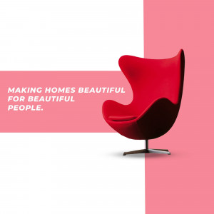 A red egg chair against a white and red background with text 'Making Homes Beautiful for Beautiful People.'