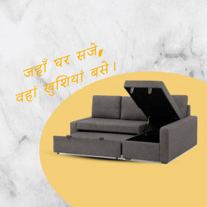 Gray sofa with storage compartment and yellow background with text