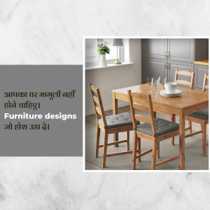 A dining room setup with a wooden table and chairs, and a promotional text overlay.