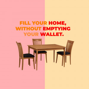 Dining table and chairs with text overlay promoting affordable home furnishings