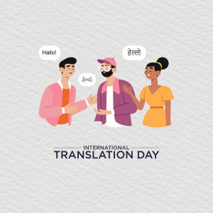 Illustration of three diverse people greeting each other in different languages for International Translation Day.