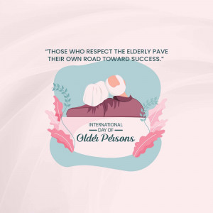 Illustration for International Day of Older Persons featuring an elderly couple and a motivational quote.
