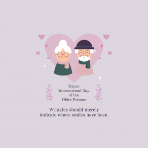 Illustration of an elderly couple with hearts, celebrating International Day of Older Persons.