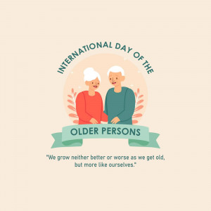 Illustration of an elderly couple with a ribbon and text celebrating International Day of Older Persons.