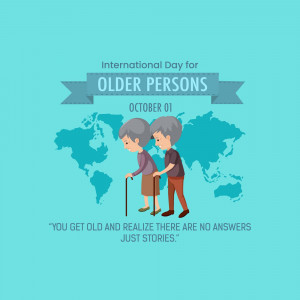 Illustration of an elderly couple with a world map background for International Day for Older Persons