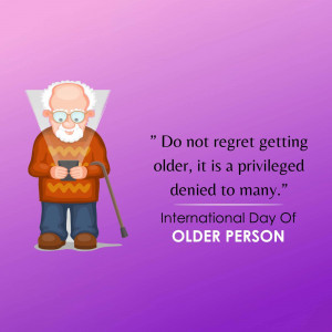 Cartoon illustration of an elderly man with a quote about aging.
