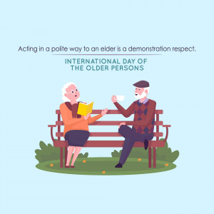Illustration of two senior citizens having a polite conversation on a park bench, celebrating International Day of Older Persons.