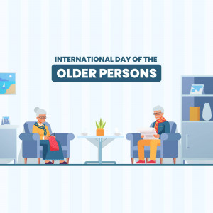 Illustration of an elderly couple relaxing in a living room, celebrating International Day of Older Persons.