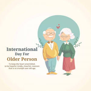 Illustration of a smiling elderly couple holding hands with hearts floating above them, celebrating International Day for Older Persons.