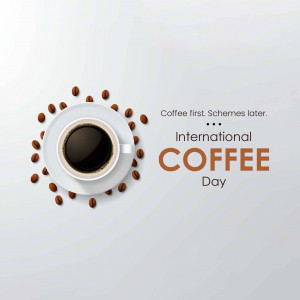 Top-down view of a coffee cup surrounded by coffee beans with text 'International Coffee Day'