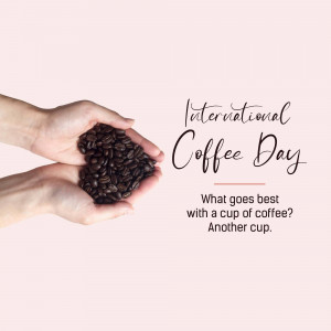Hands holding coffee beans with International Coffee Day text