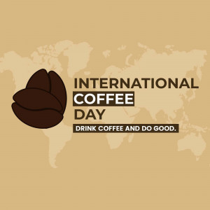 Illustration for International Coffee Day with coffee beans and a world map background.