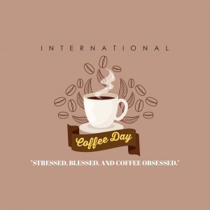 Image celebrating International Coffee Day with a cup of coffee and coffee beans.