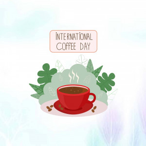 Illustration of a red coffee cup with coffee beans and leaves for International Coffee Day