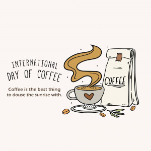Illustration of a coffee cup with steam and a coffee bean bag for International Day of Coffee