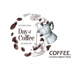 Watercolor illustration of a Moka pot, coffee beans, and a cup of coffee with steam, celebrating International Day of Coffee.