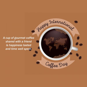 Image of a coffee cup with a world map reflected in the coffee, celebrating International Coffee Day.