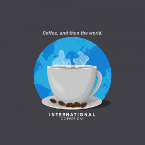 A cup of coffee with steam rising, set against a world map background, celebrating International Coffee Day.