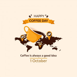 Illustration of a coffee cup over a world map with coffee beans and location pins, celebrating International Coffee Day.
