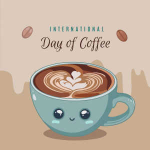 Cute cartoon illustration of a cup of coffee with latte art celebrating International Day of Coffee.