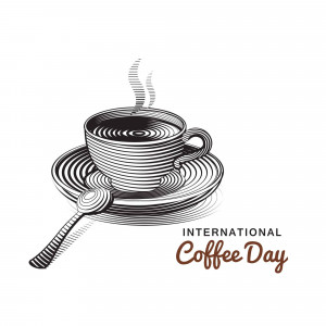 A detailed line art illustration of a coffee cup and saucer with the text 'International Coffee Day'