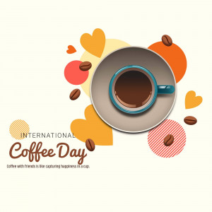 Top view of a coffee cup with coffee beans and hearts, celebrating International Coffee Day.