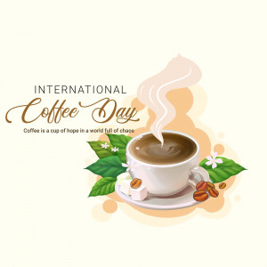 A cup of coffee with coffee beans and leaves, celebrating International Coffee Day.