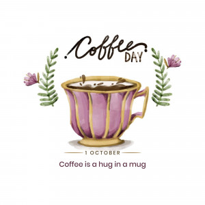 Watercolor illustration of a coffee cup with floral elements and text 'Coffee Day'