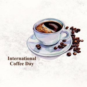 Watercolor painting of a coffee cup with coffee beans and text 'International Coffee Day'