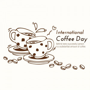 Illustration of coffee cups and beans with text 'International Coffee Day'