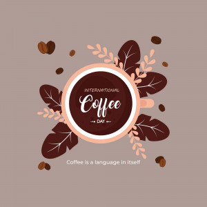 Illustration of a coffee cup with coffee beans and leaves for International Coffee Day