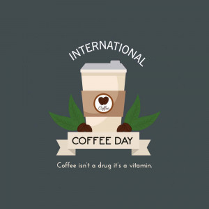 Illustration of stacked coffee cups with a ribbon and coffee beans for International Coffee Day