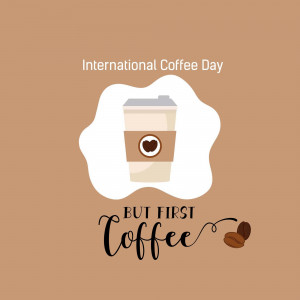 Image celebrating International Coffee Day with a coffee cup and beans.