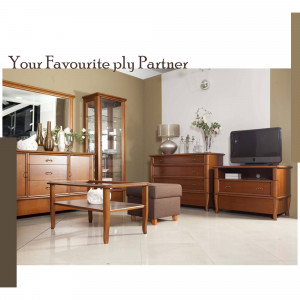 A well-lit living room featuring a complete wooden furniture set including a display cabinet, dresser, TV stand, and coffee table.