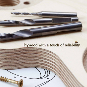 Close-up of drill bits on plywood with a screw