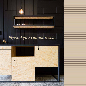 A modern kitchen featuring a black brick wall and plywood cabinetry.