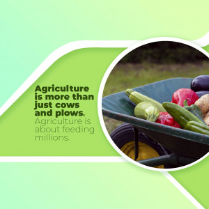 Image depicting a wheelbarrow filled with fresh vegetables with text about the importance of agriculture.