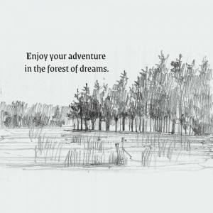 Black and white sketch of a forest landscape with text overlay